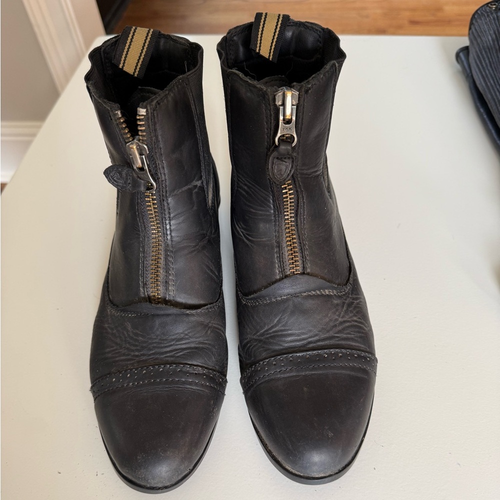 Black Leather Ankle Boots with Front Zipper